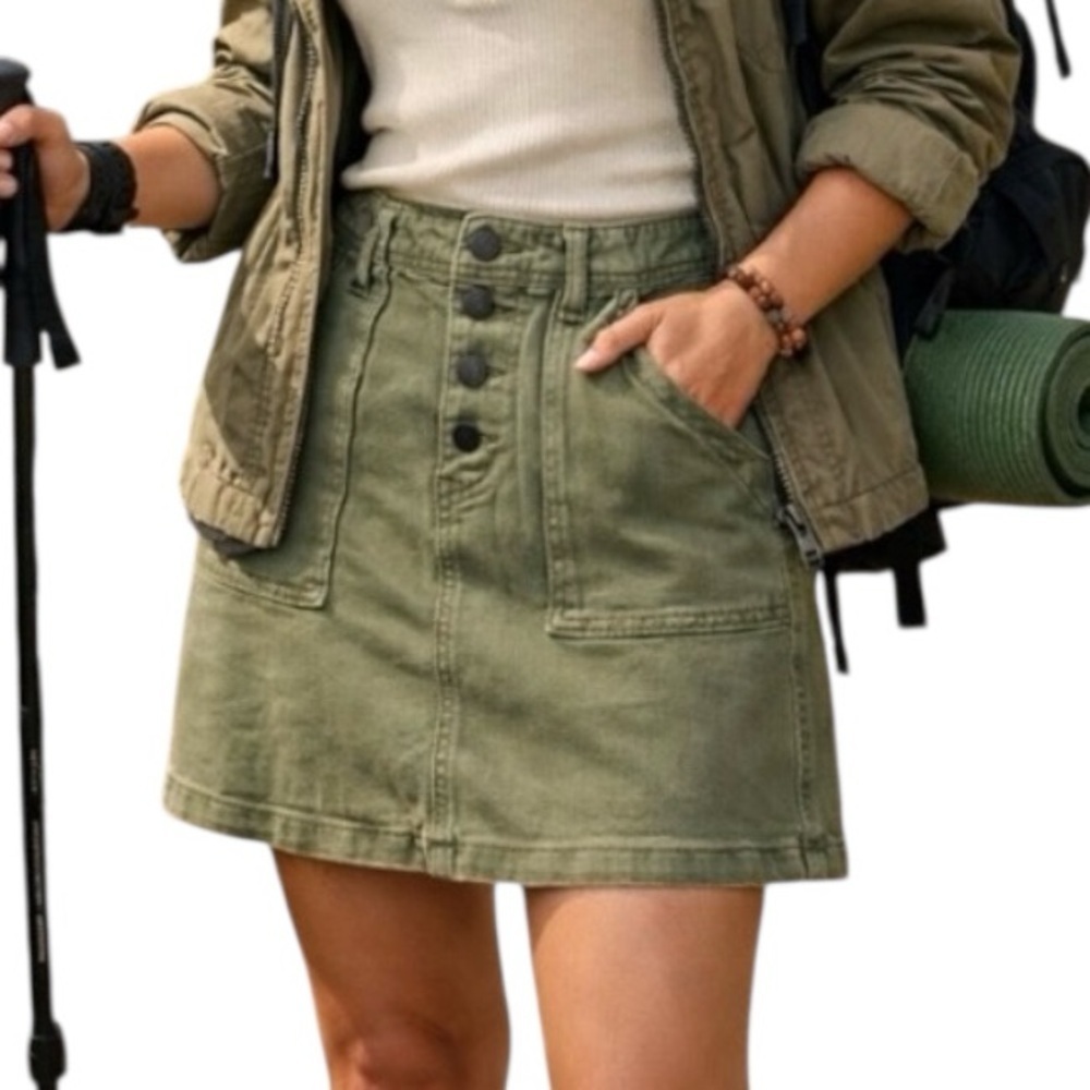 BOEME Olive Utility A-Line Skirt | Button Front Cargo Style | Casual Streetwear - Picture 5 of 10
